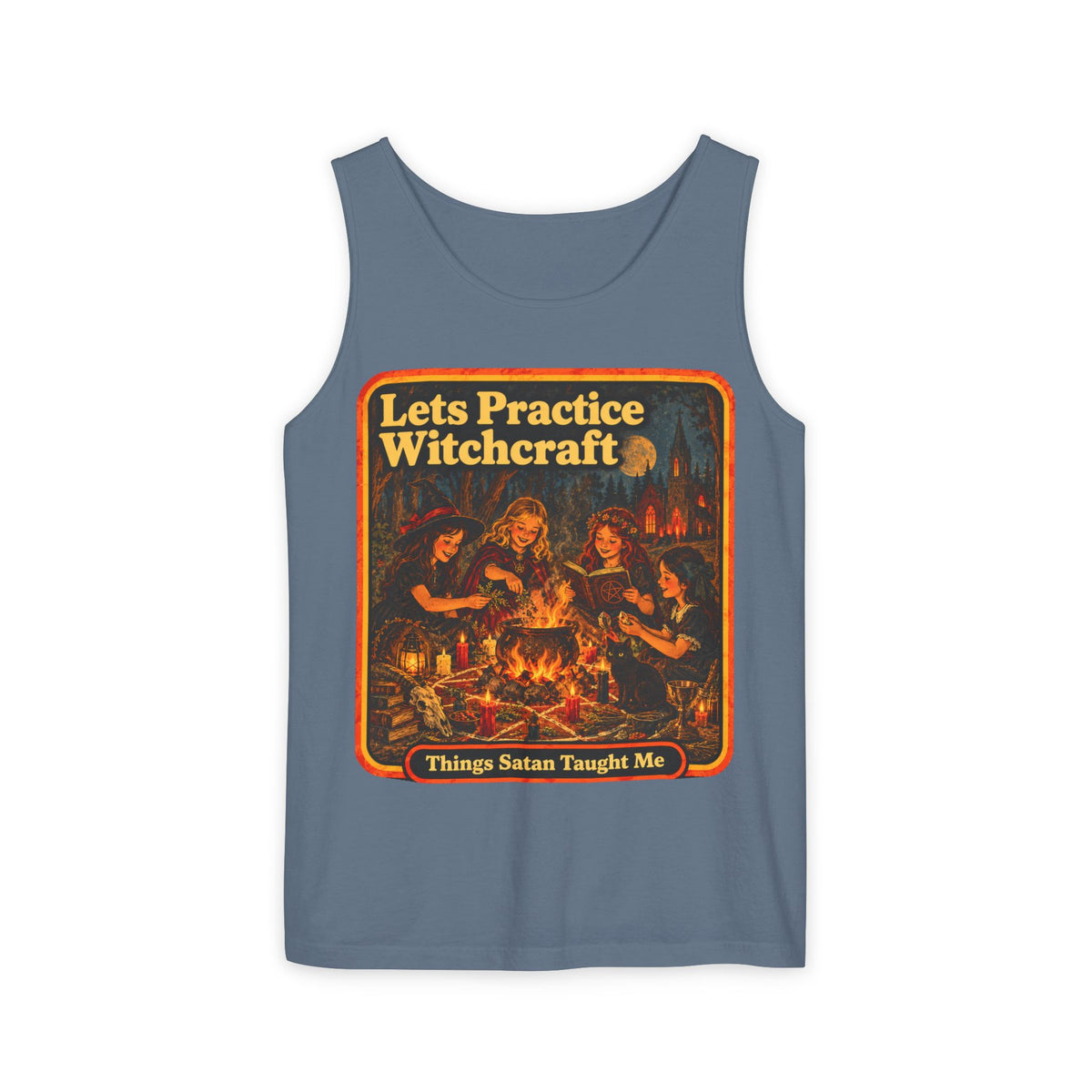 Let's Practice Witchcraft Men's Wife Beater | Things Satan Taught Me  in Blue Jean, front