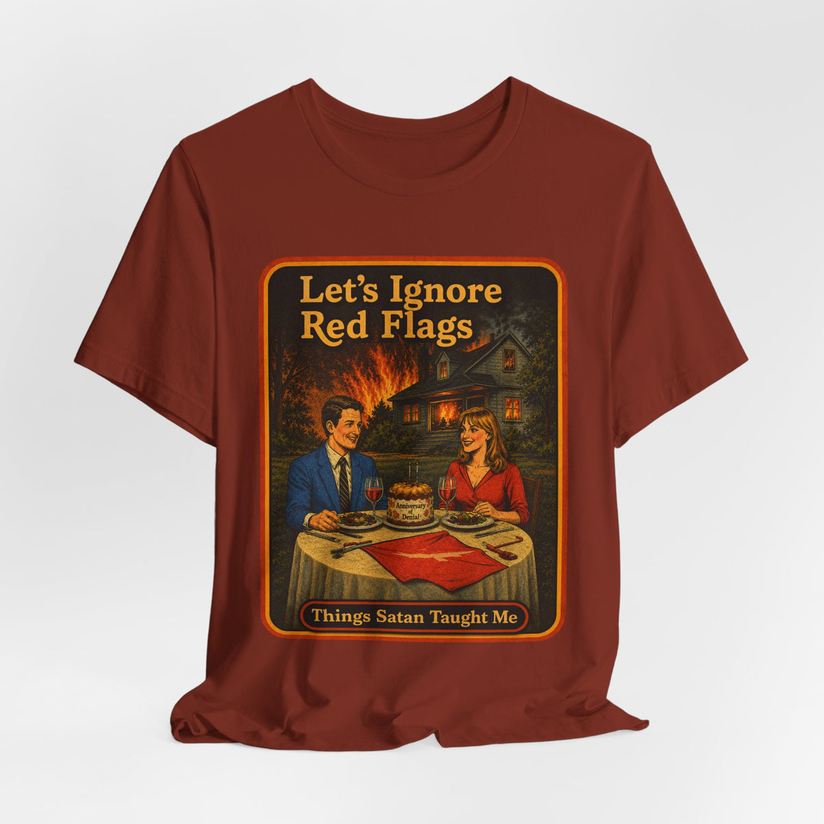 Let's Ignore Red Flags Unisex Tee in Rust, view 4