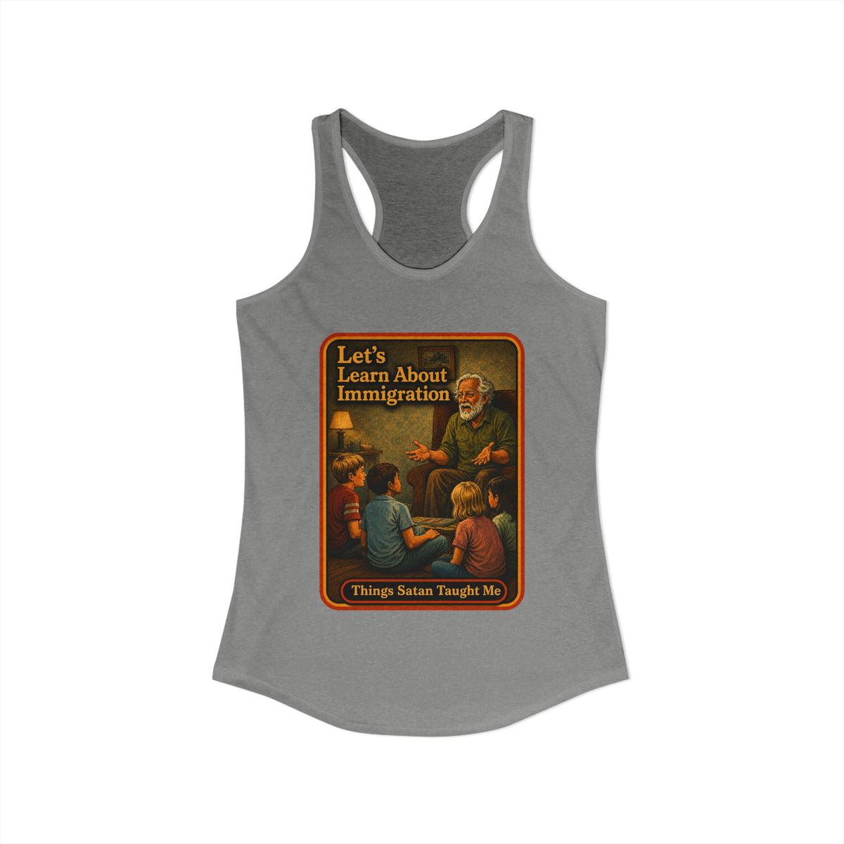 Let's Learn About Immigration Racerback Tank in Heather Grey, view 2
