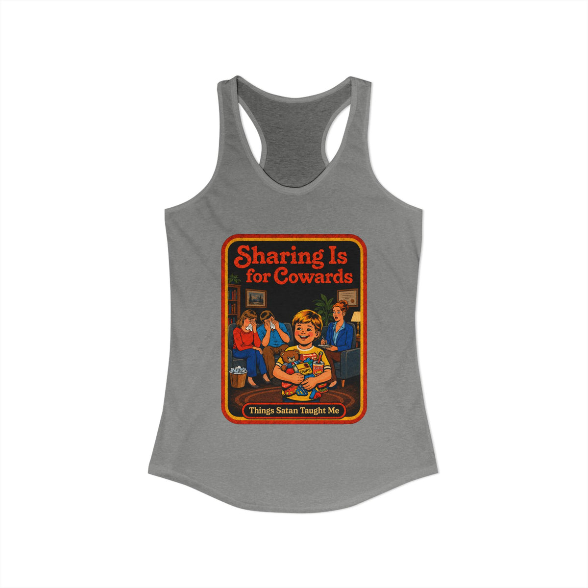 Sharing Is For Cowards Racerback Tank in Heather Grey, view 2