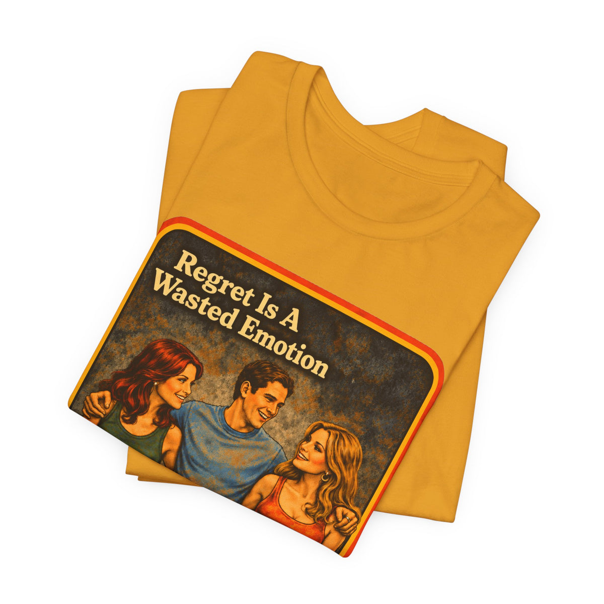 Regret Is A Wasted Emotion Unisex Tee in Mustard, view 3