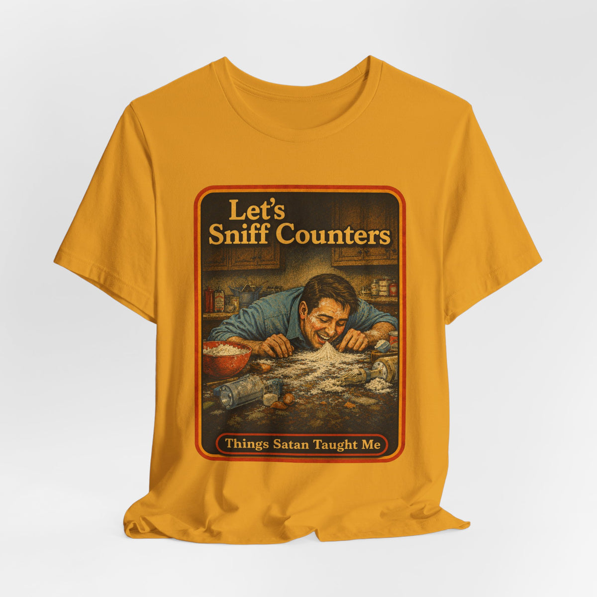 Let's Sniff Counters Unisex Tee in Mustard, view 4