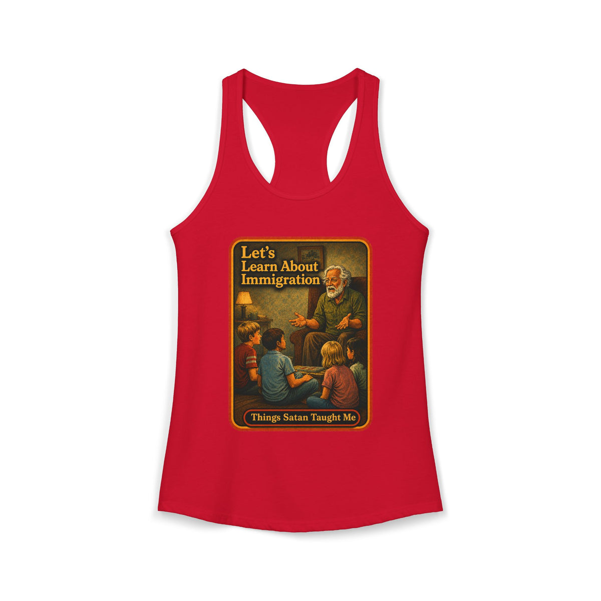 Let's Learn About Immigration Racerback Tank in Red, front