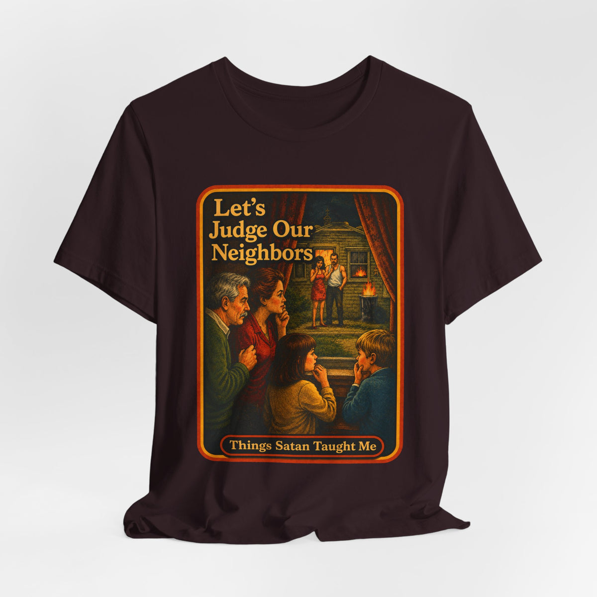 Let's Judge Our Neighbors Unisex Tee in Oxblood Black, view 4