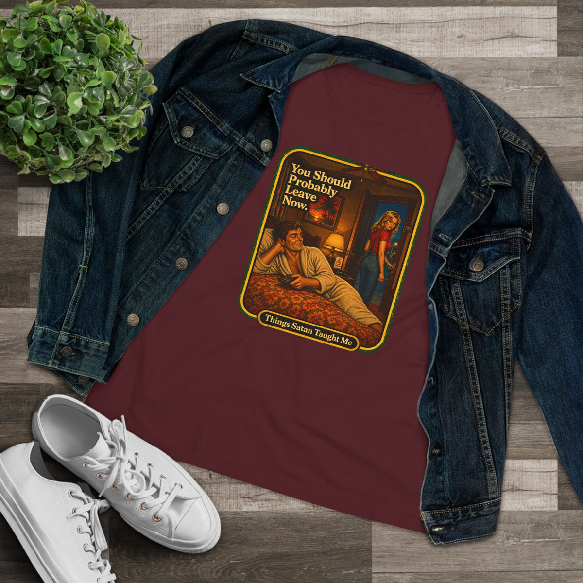 You Should Probably Leave Now Women's Tee in Maroon, view 3