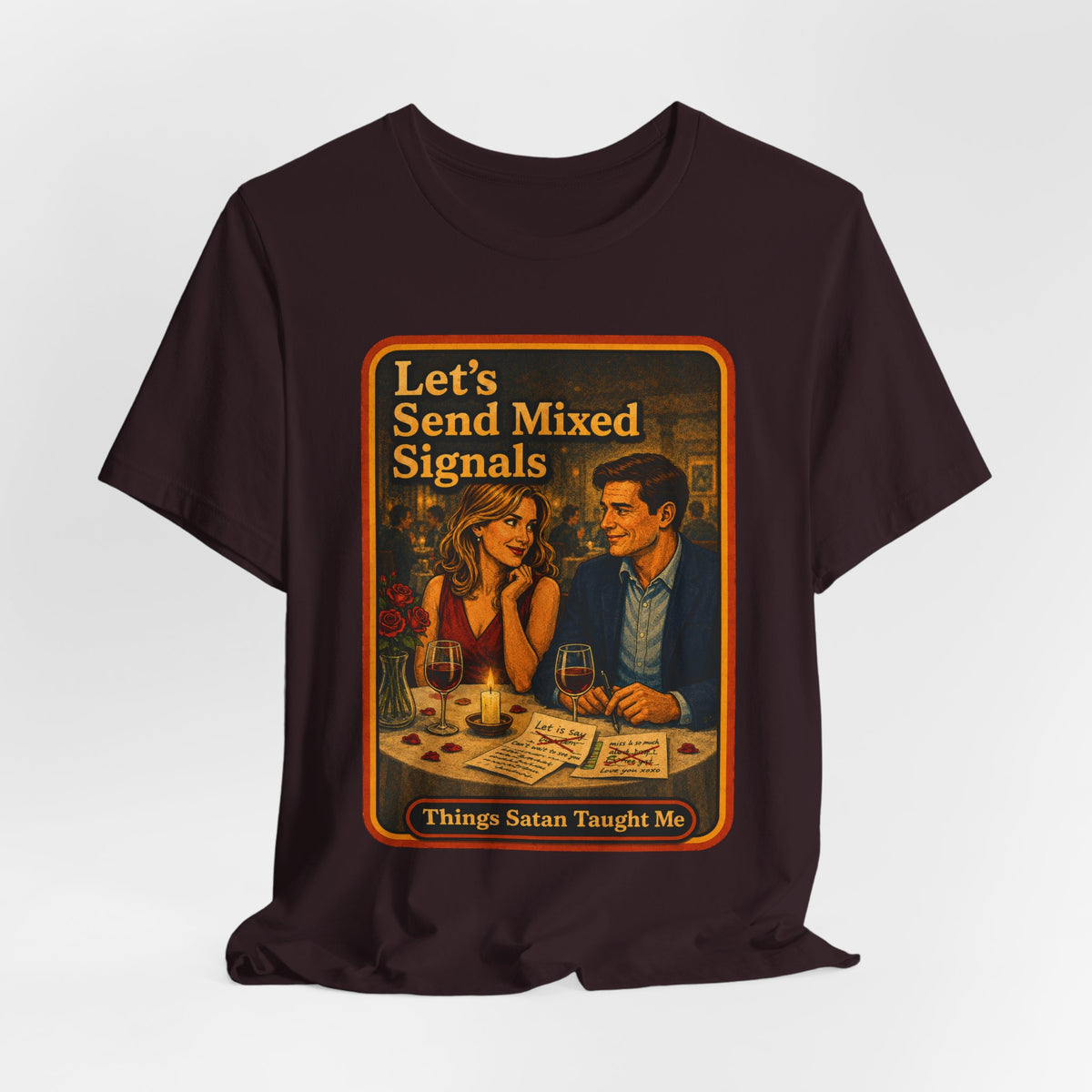 Let's Send Mixed Signals Unisex Tee in Oxblood Black, view 4