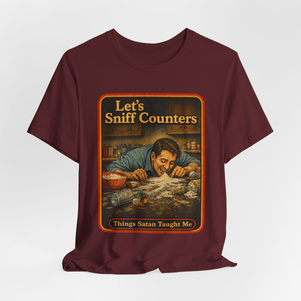 Let's Sniff Counters Unisex Tee in Maroon, view 4