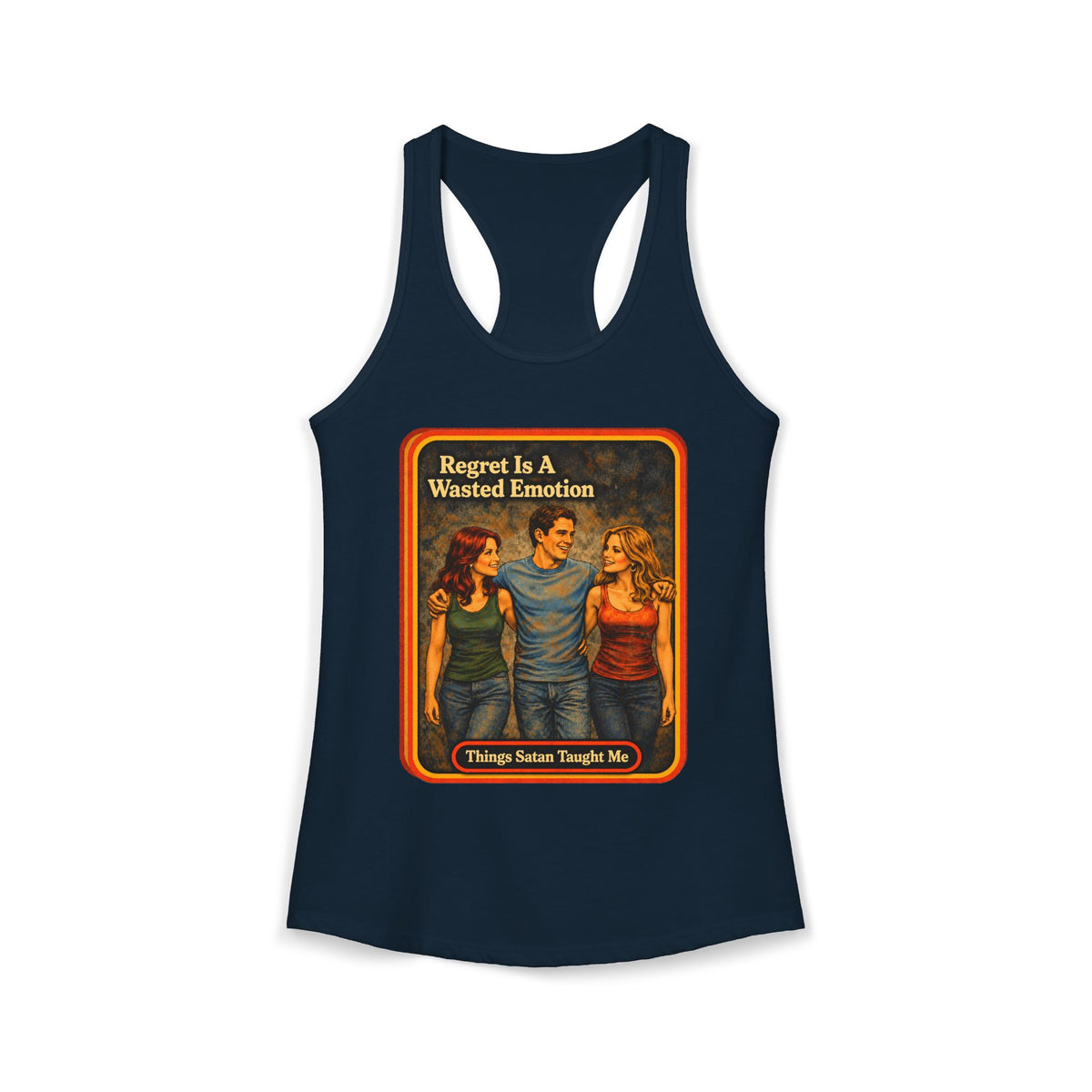 Regret Is A Wasted Emotion Racerback Tank in Midnight Navy, front