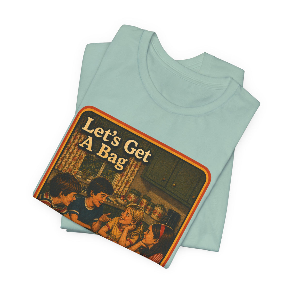 Let's Get Another Bag Unisex Tee in Dusty Blue, view 3
