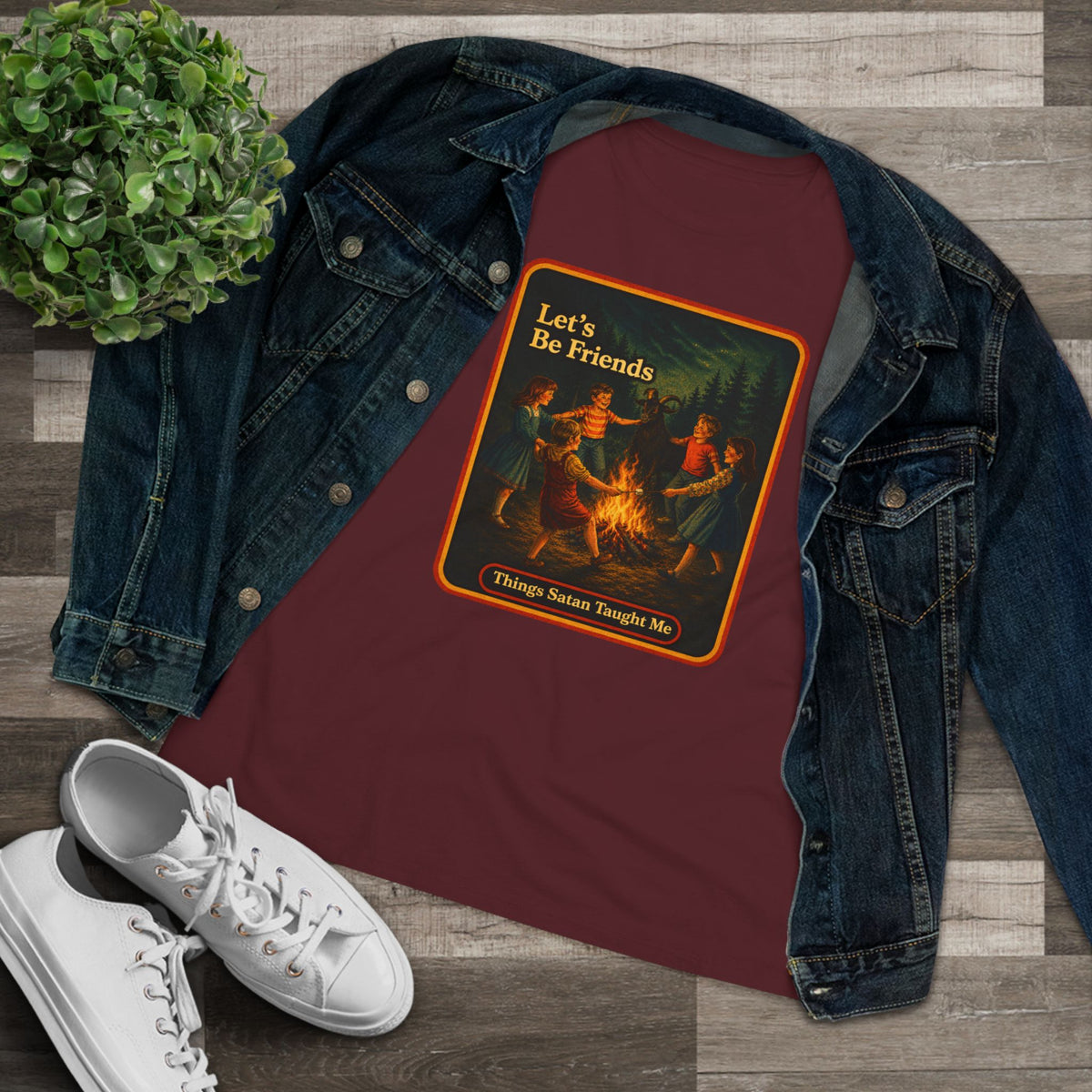 Let's Be Friends Women's Tee in Maroon, view 3