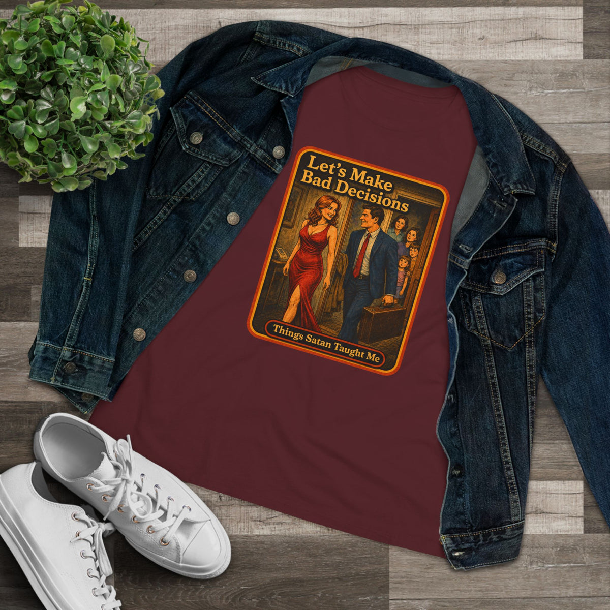Let's Make Bad Decisions Women's Tee in Maroon, view 3