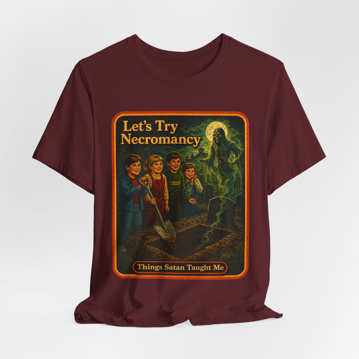 Let's Try Necromancy Unisex Tee in Maroon, view 4