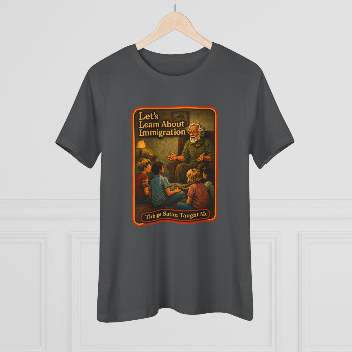 Let's Learn About Immigration Women's Tee in Asphalt, view 4