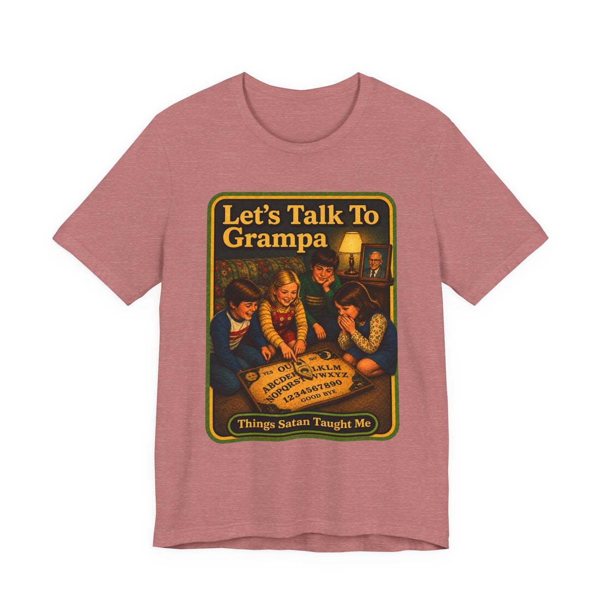 Let's Talk To Grampa Unisex Tee in Heather Mauve, front