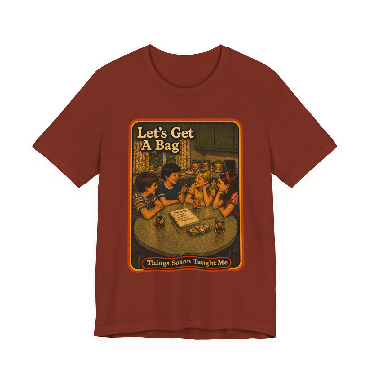 Let's Get Another Bag Unisex Tee in Rust, front