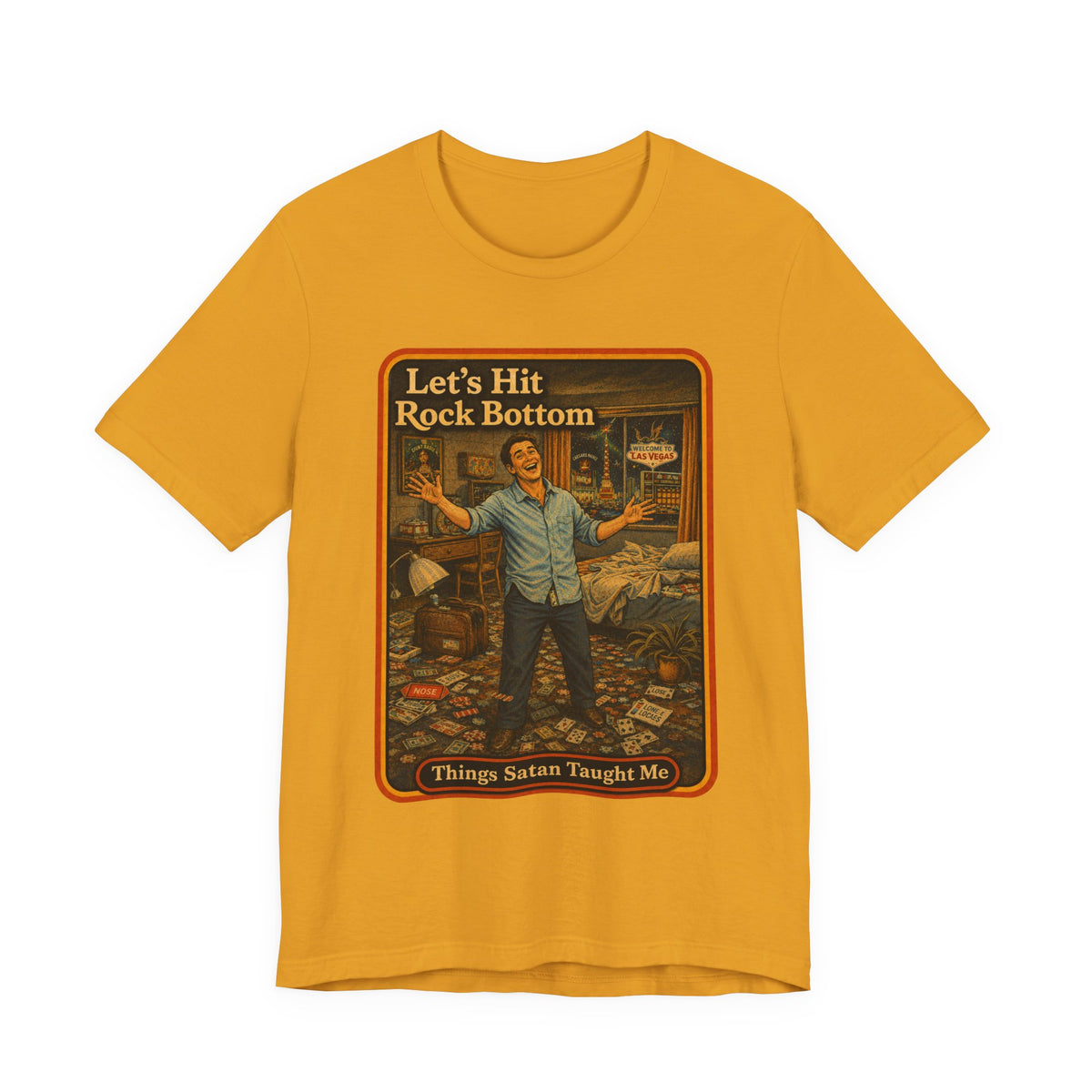 Let's Hit Rock Bottom Unisex Tee in Mustard, front