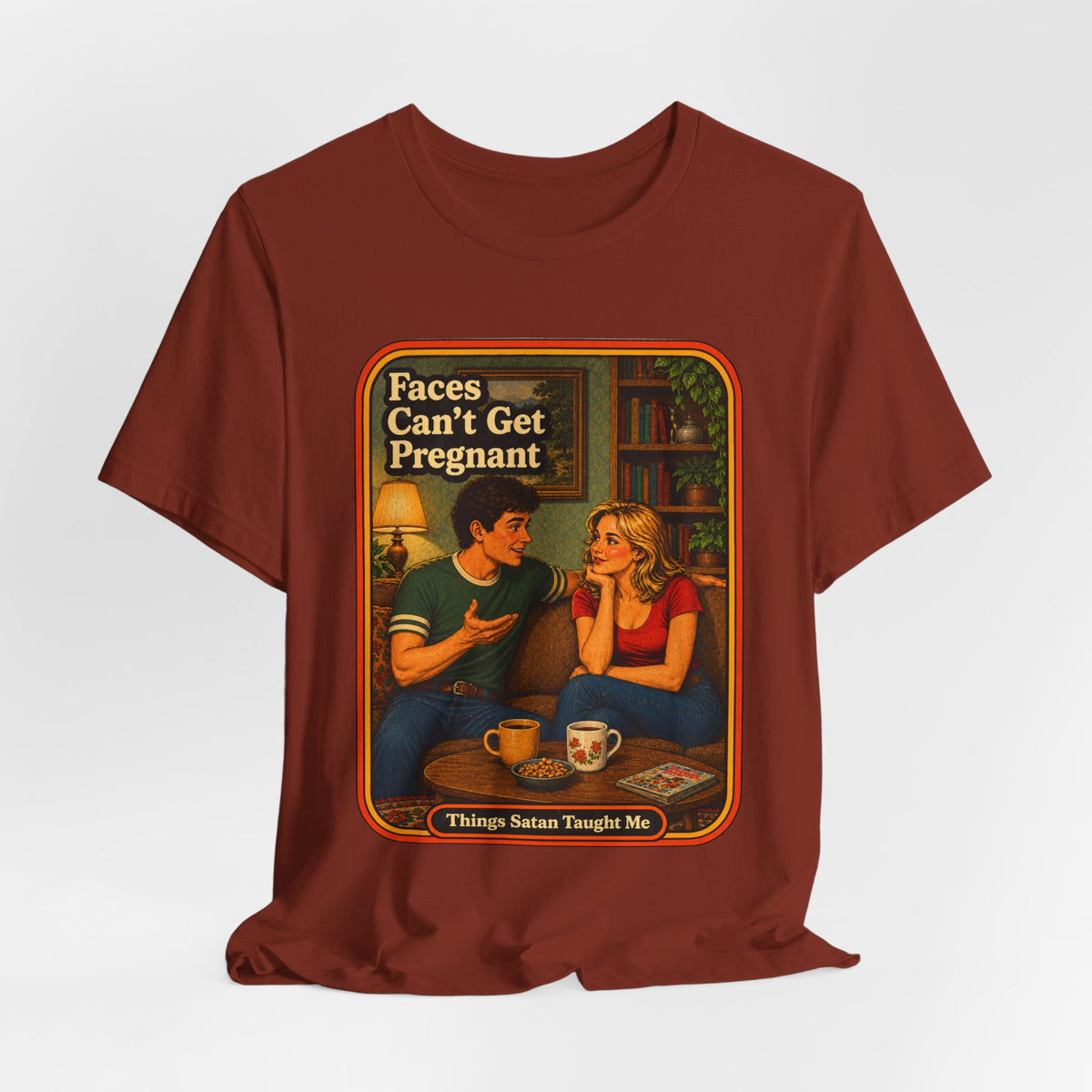 Faces Can't Get Pregnant Unisex Tee in Rust, view 4