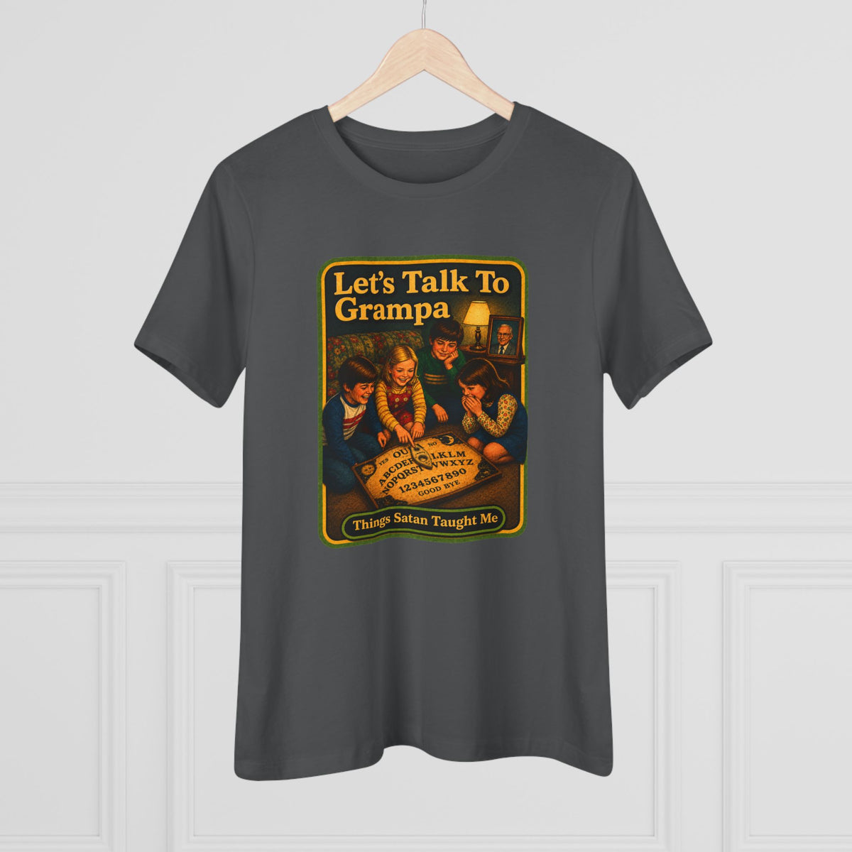 Let's Talk To Grampa Women's Tee in Asphalt, view 4