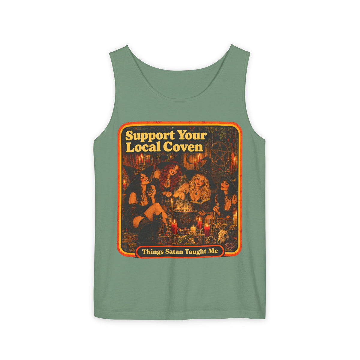 Support Your Local Coven Men's Wife Beater | Things Satan Taught Me  in Light Green, front
