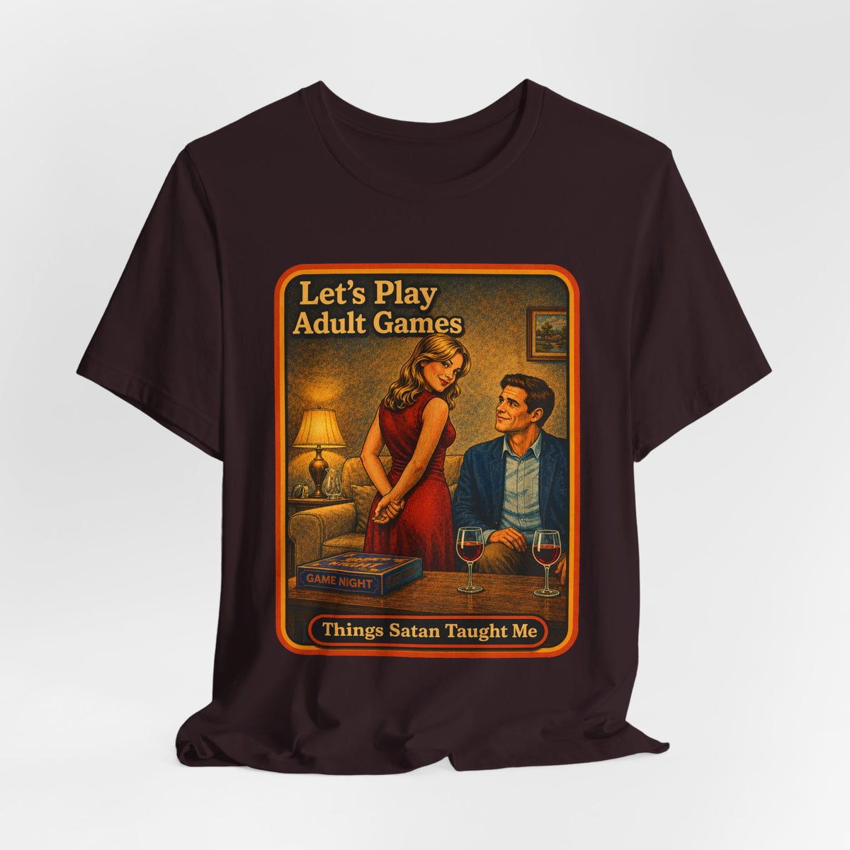 Let's Play Adult Games Unisex Tee in Oxblood Black, view 4