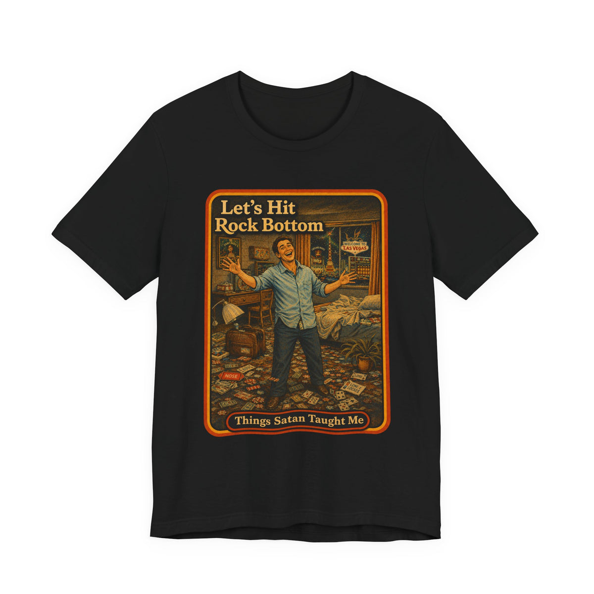 Let's Hit Rock Bottom Unisex Tee in Black, front
