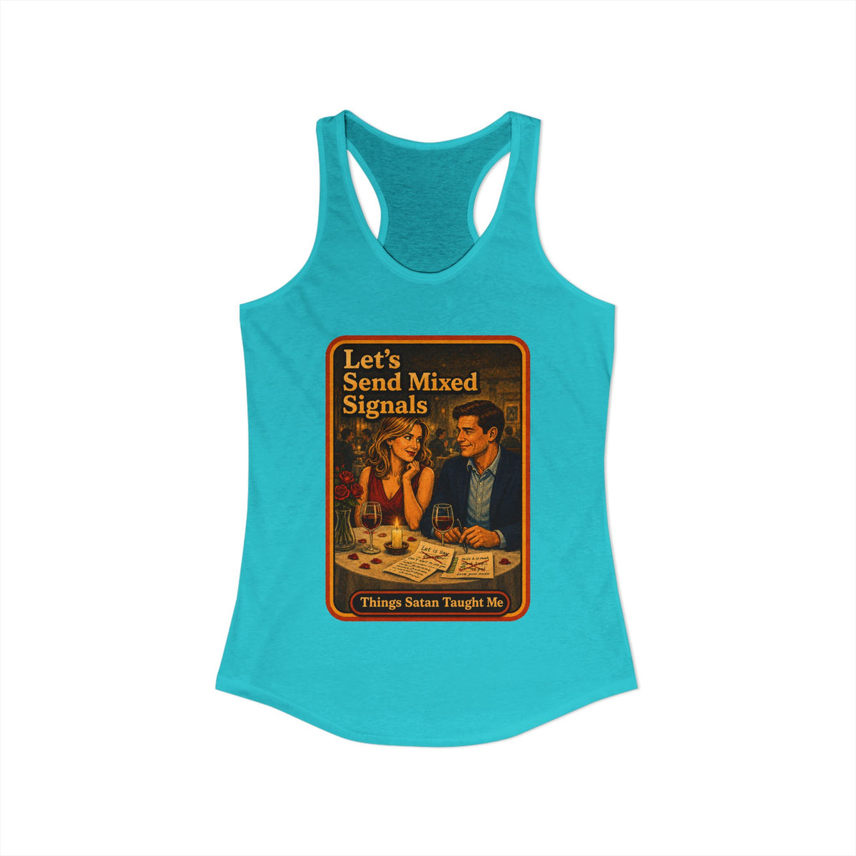 Let's Send Mixed Signals Racerback Tank in Tahiti Blue, view 2