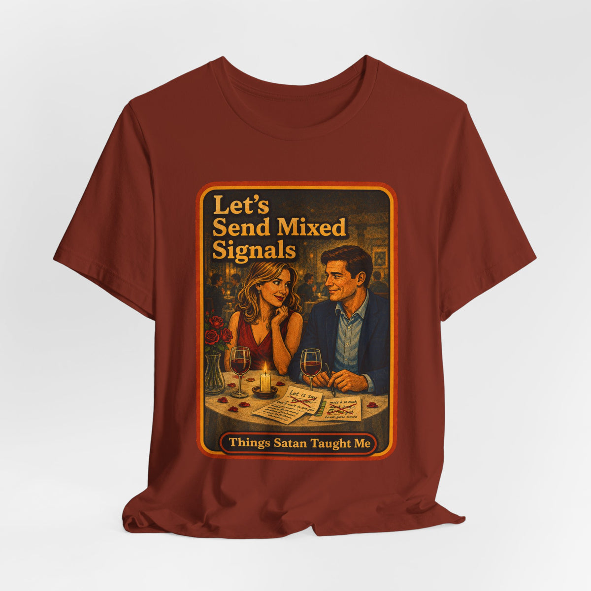Let's Send Mixed Signals Unisex Tee in Rust, view 4