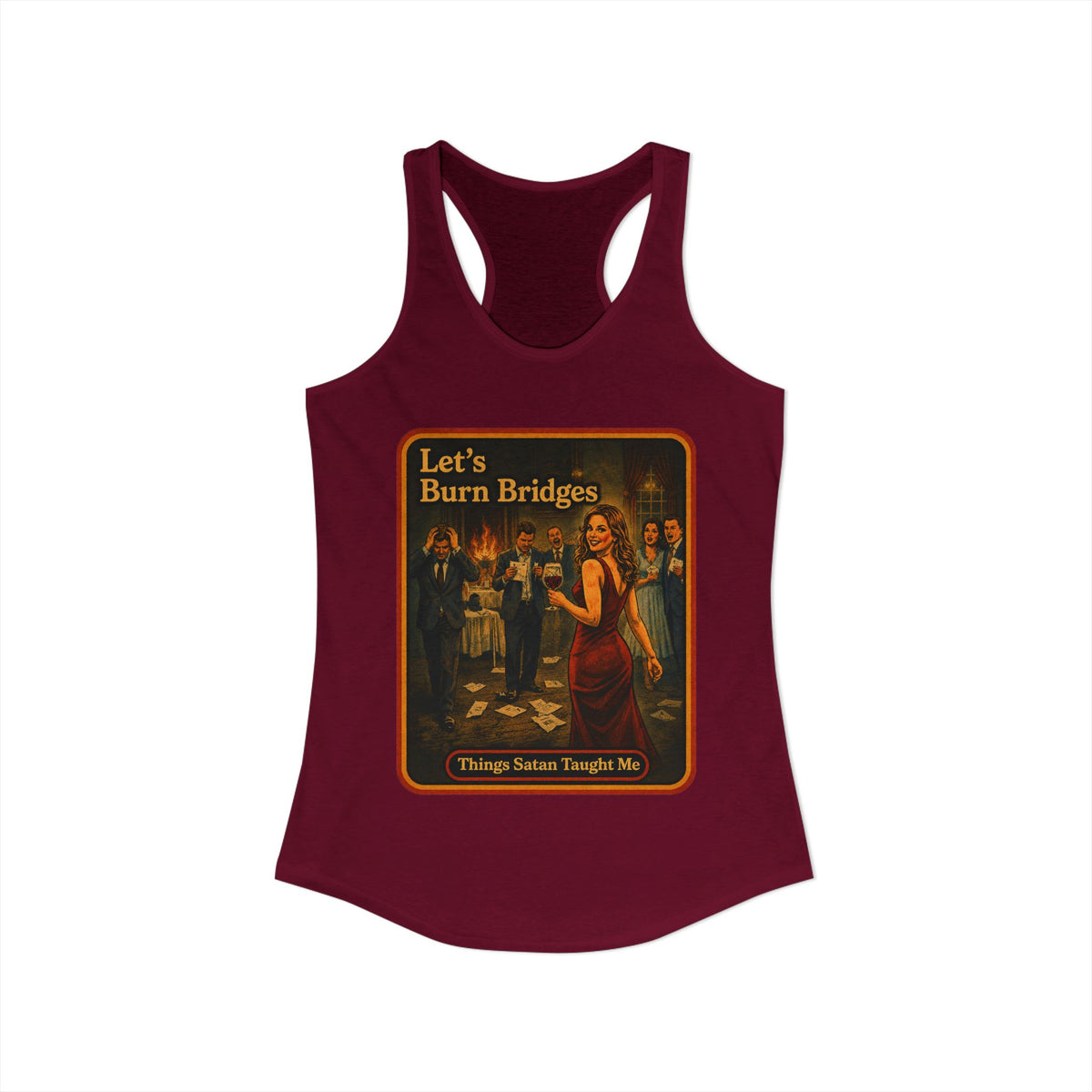 Let's Burn Bridges Racerback Tank in Cardinal Red, view 2