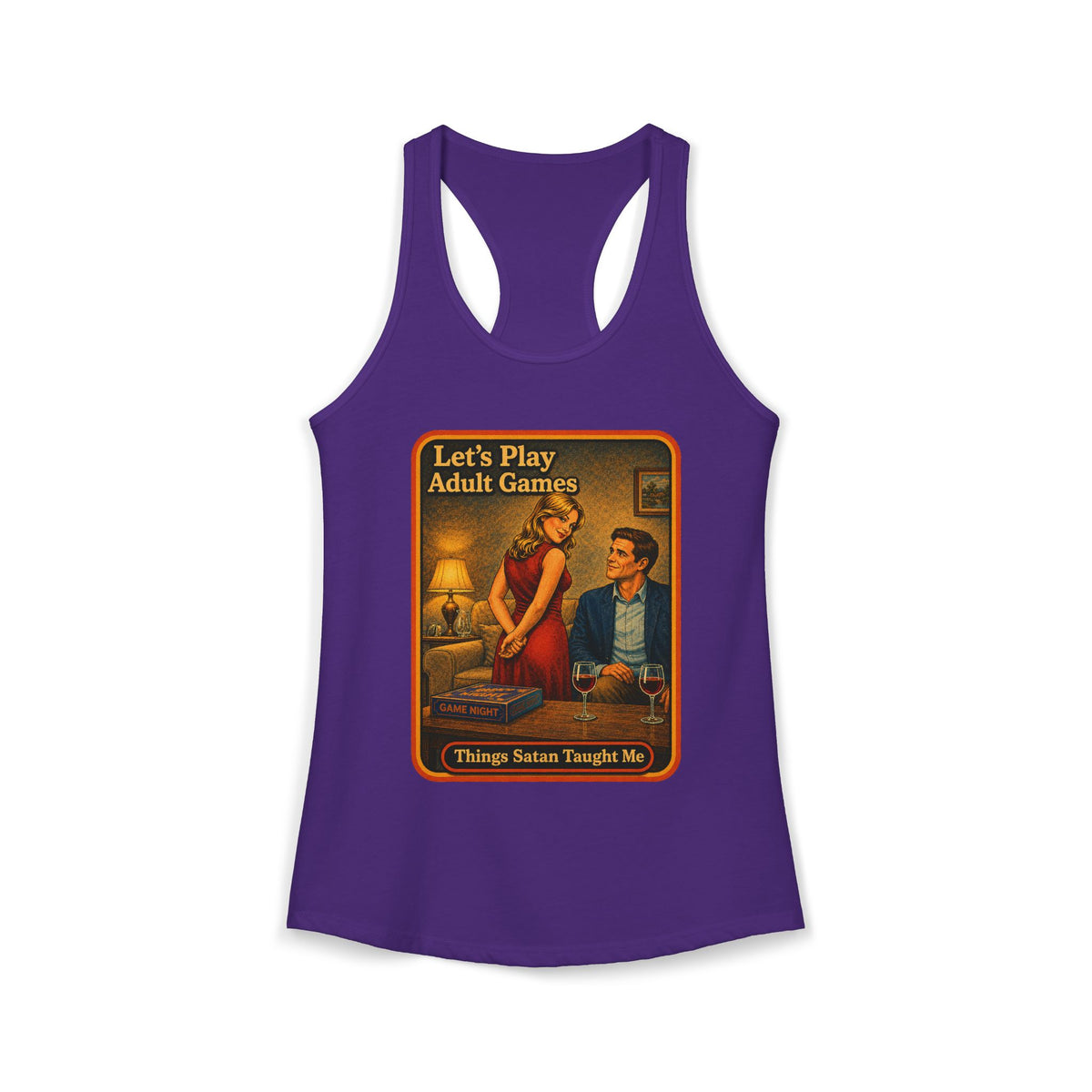 Let's Play Adult Games Racerback Tank in Purple Rush, front