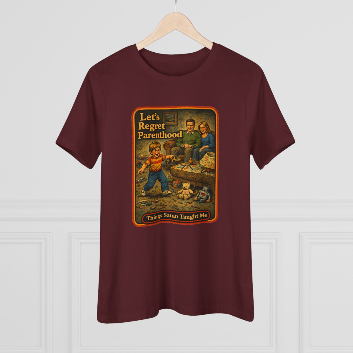 Let's Regret Parenthood Women's Tee in Maroon, view 4
