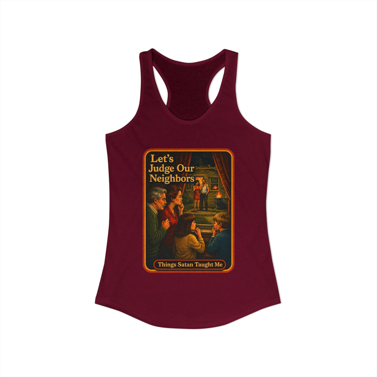Let's Judge Our Neighbors Racerback Tank in Cardinal Red, view 2