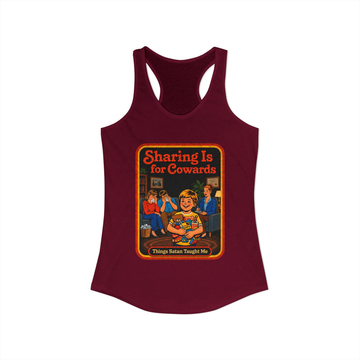 Sharing Is For Cowards Racerback Tank in Cardinal Red, view 2