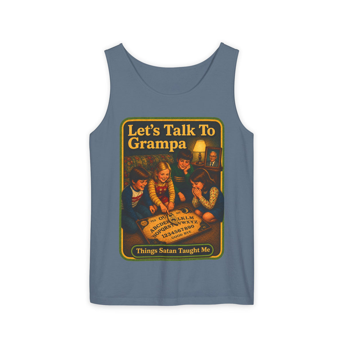 Let's Talk To Grampa Wife Beater in Blue Jean, front