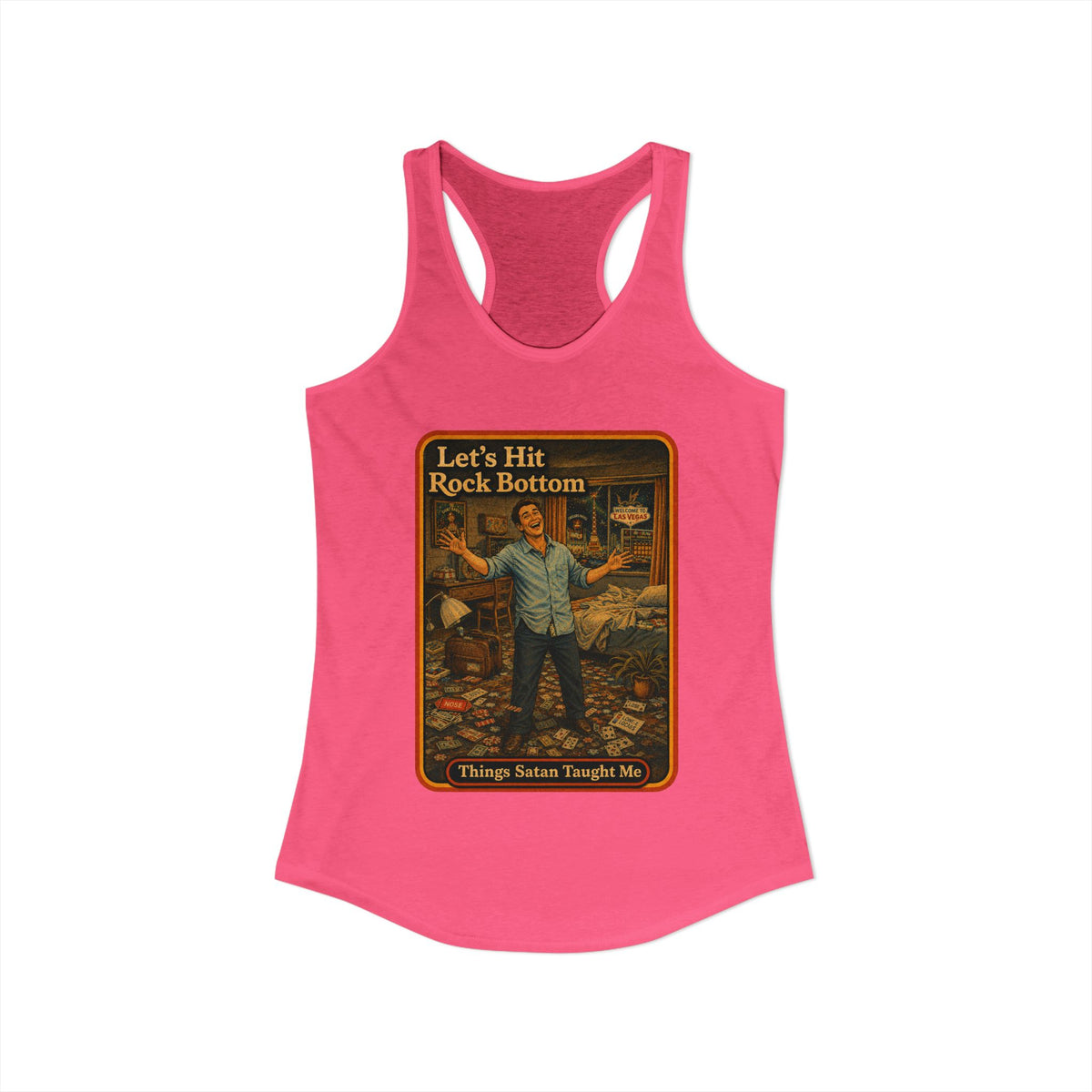 Let's Hit Rock Bottom Racerback Tank in Hot Pink, view 2