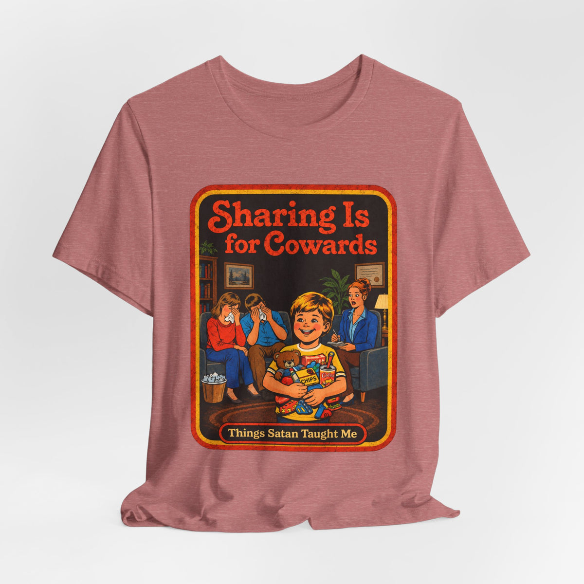 Sharing Is For Cowards Unisex Tee in Heather Mauve, view 4