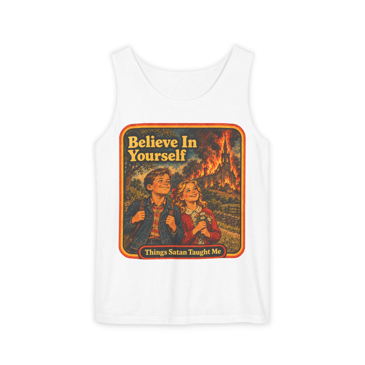 Believe In Yourself Men's Wife Beater | Things Satan Taught Me  in White, front