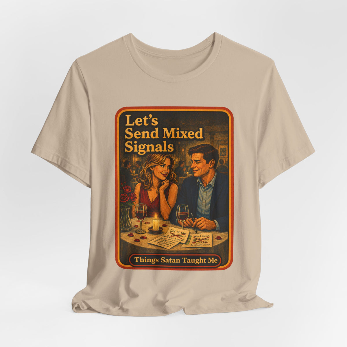 Let's Send Mixed Signals Unisex Tee in Tan, view 4