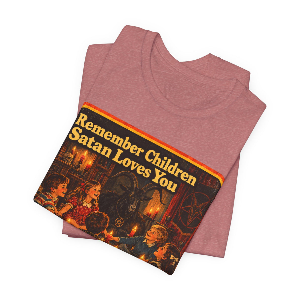 Remember Children. Satan Loves You Unisex Tee in Heather Mauve, view 3