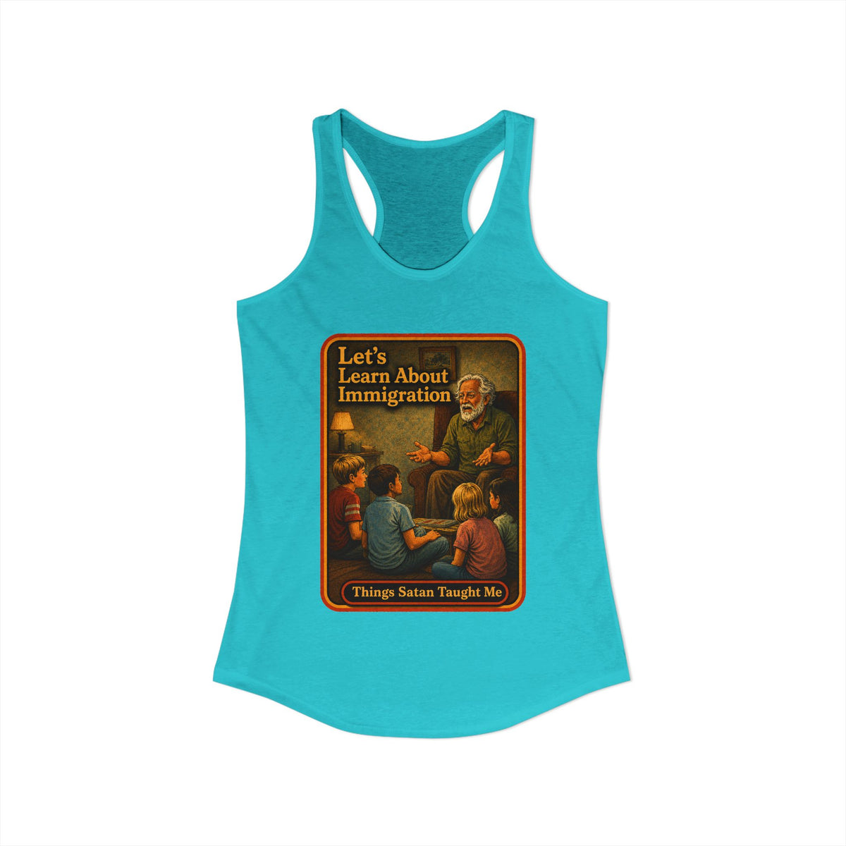 Let's Learn About Immigration Racerback Tank in Tahiti Blue, view 2