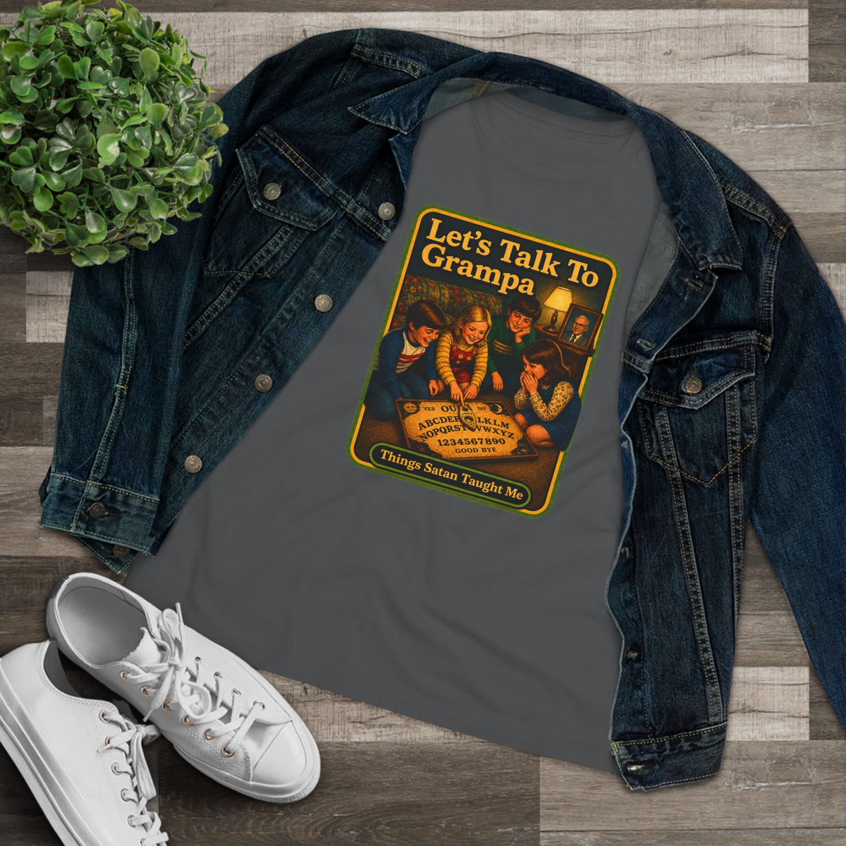 Let's Talk To Grampa Women's Tee in Asphalt, view 3