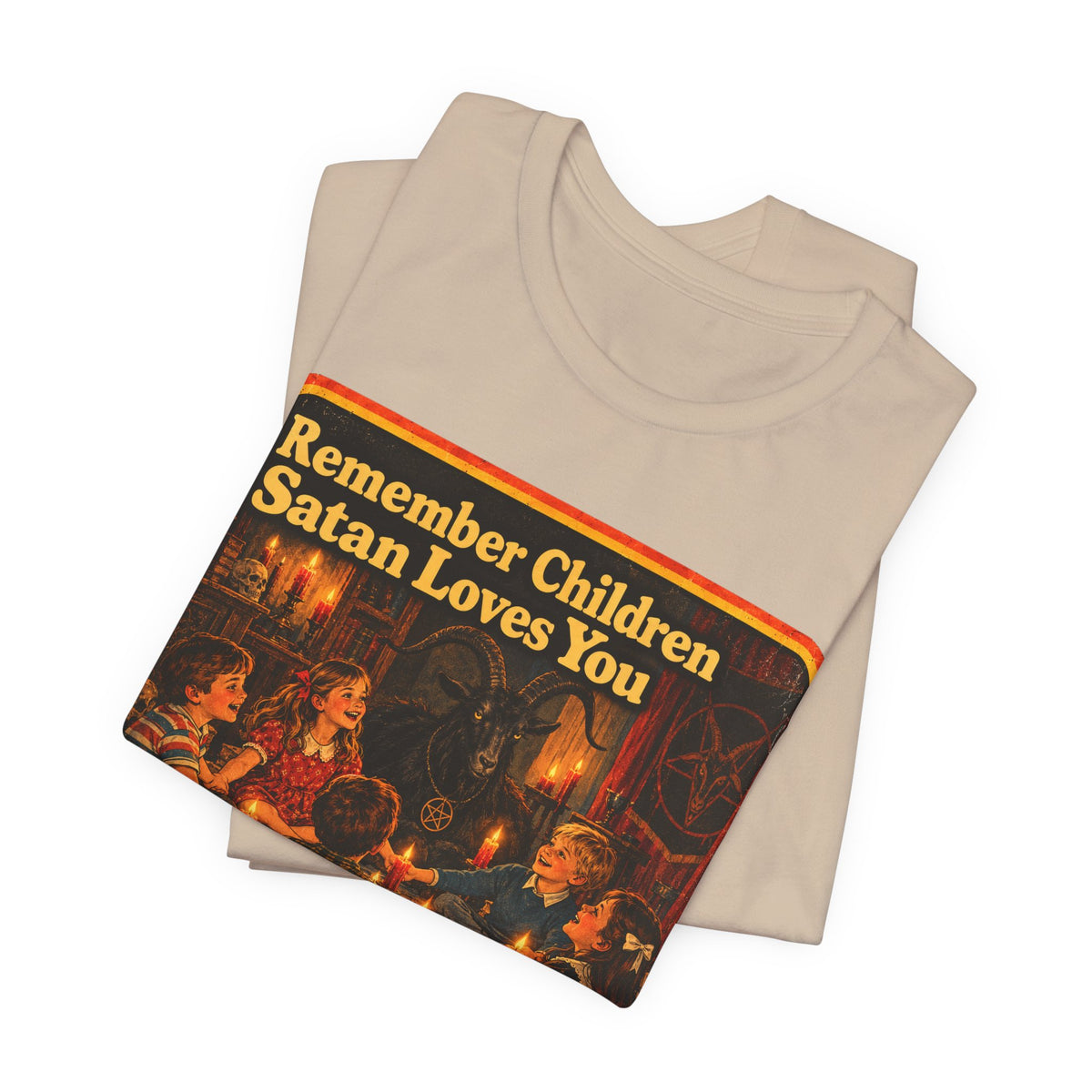 Remember Children. Satan Loves You Unisex Tee in Tan, view 3