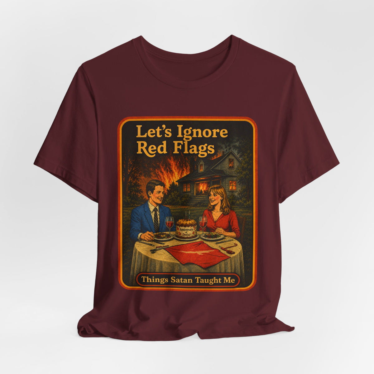 Let's Ignore Red Flags Unisex Tee in Maroon, view 4