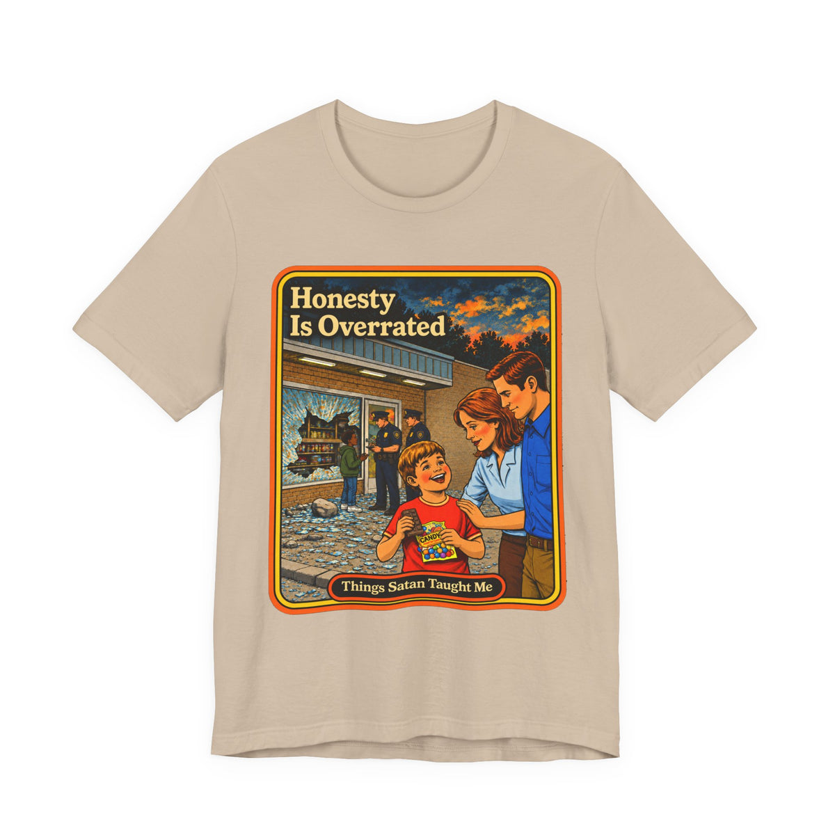 Honesty Is Overrated Unisex Tee in Tan, front