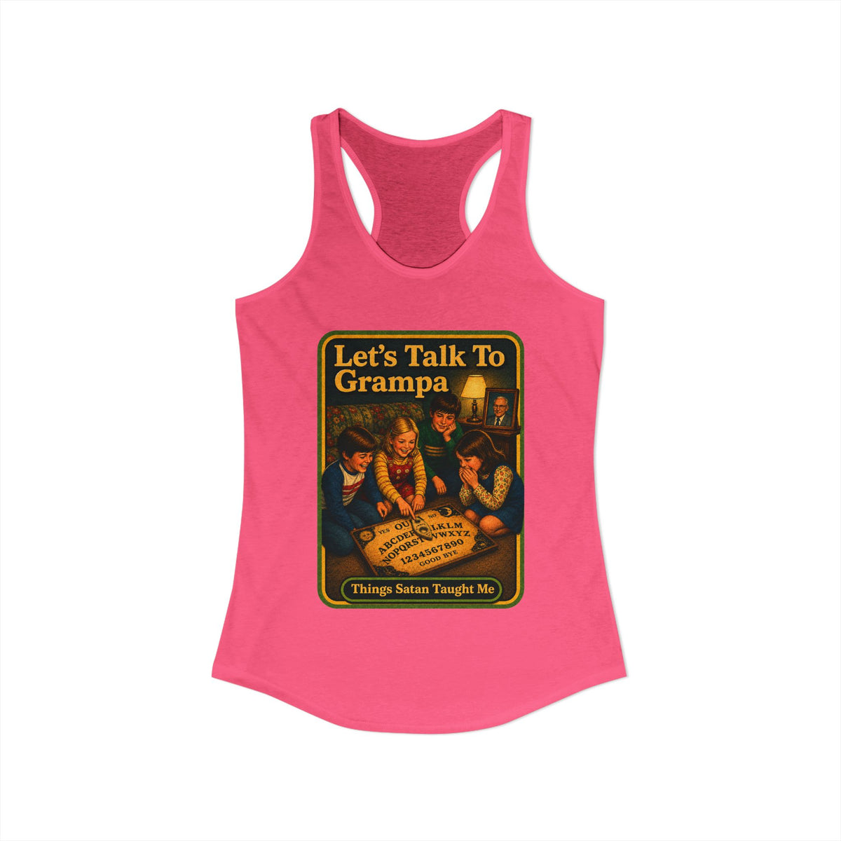 Let's Talk To Grampa Racerback Tank in Hot Pink, view 2