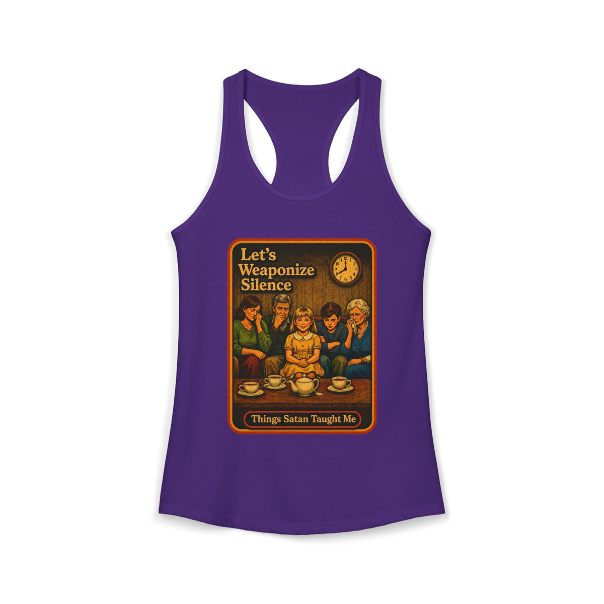 Let's Weaponize Silence Racerback Tank in Purple Rush, front