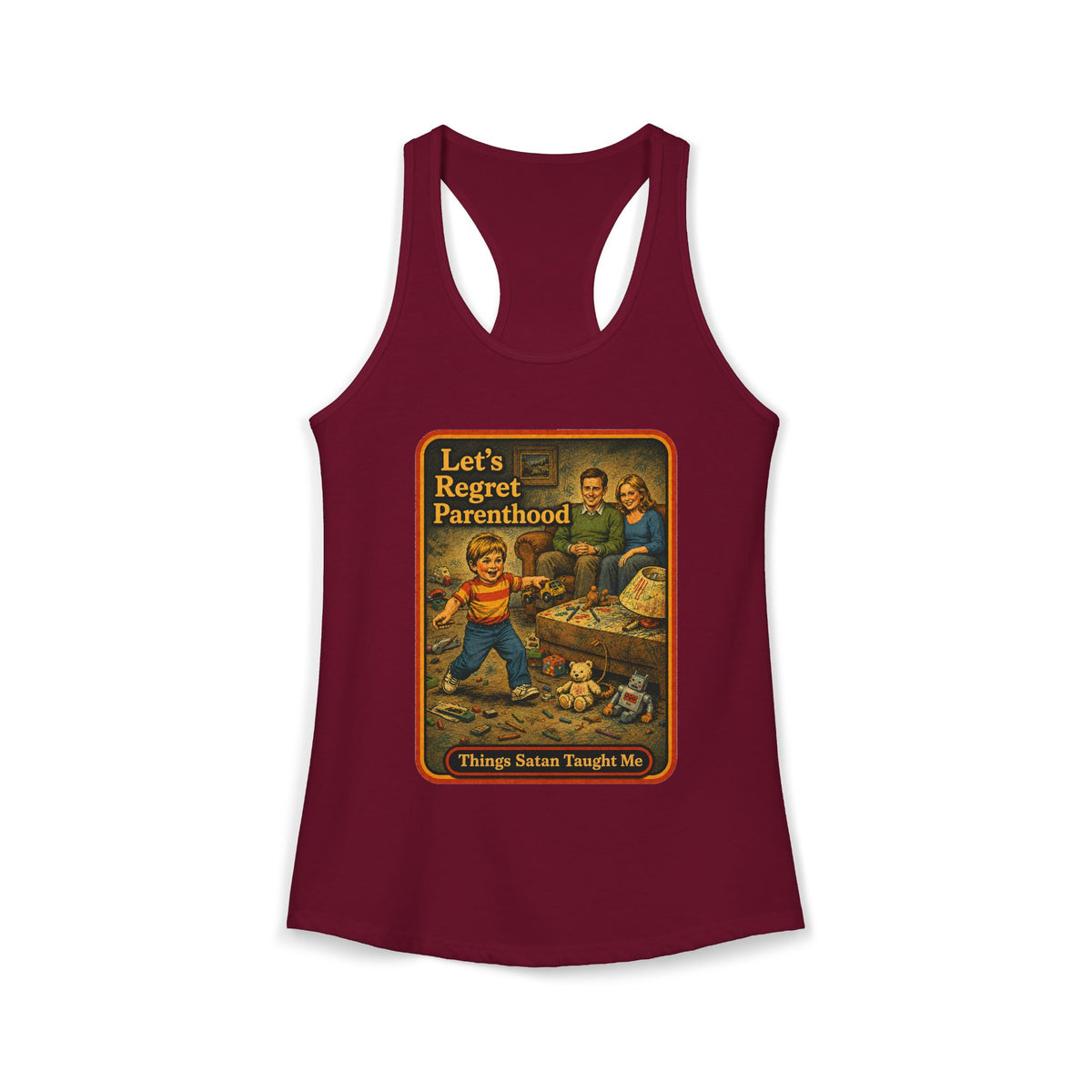 Let's Regret Parenthood Racerback Tank in Cardinal Red, front