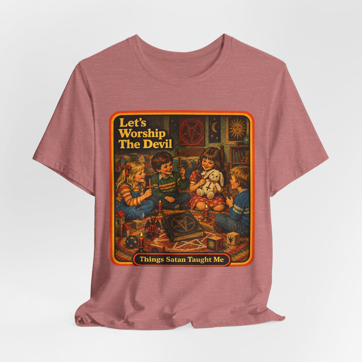 Let's Worship The Devil Unisex Tee in Heather Mauve, view 4