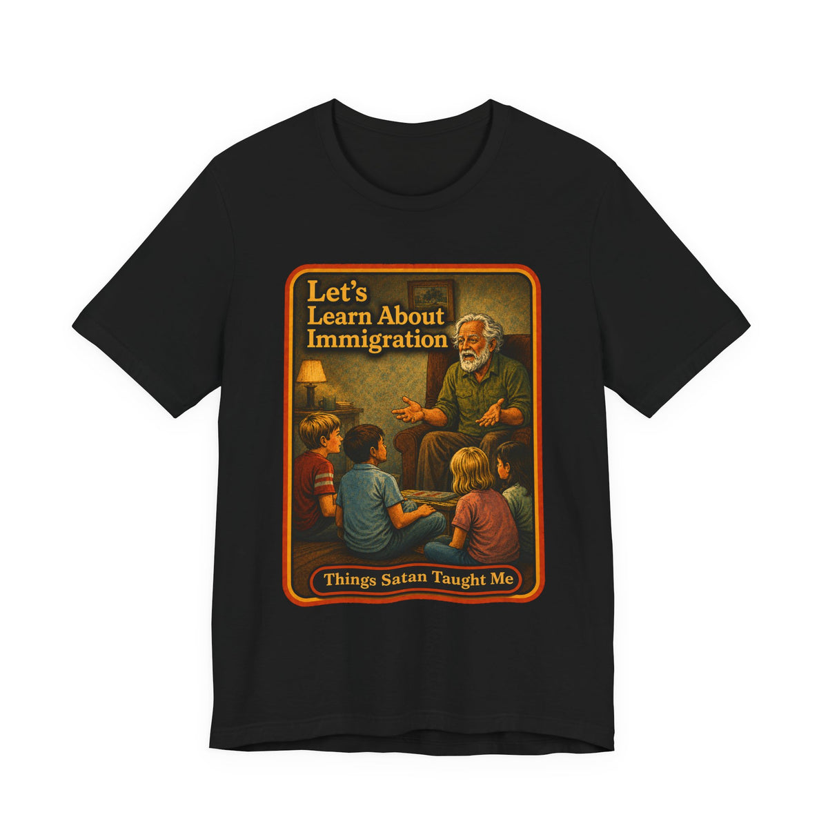 Let's Learn About Immigration Unisex Tee in Black, front