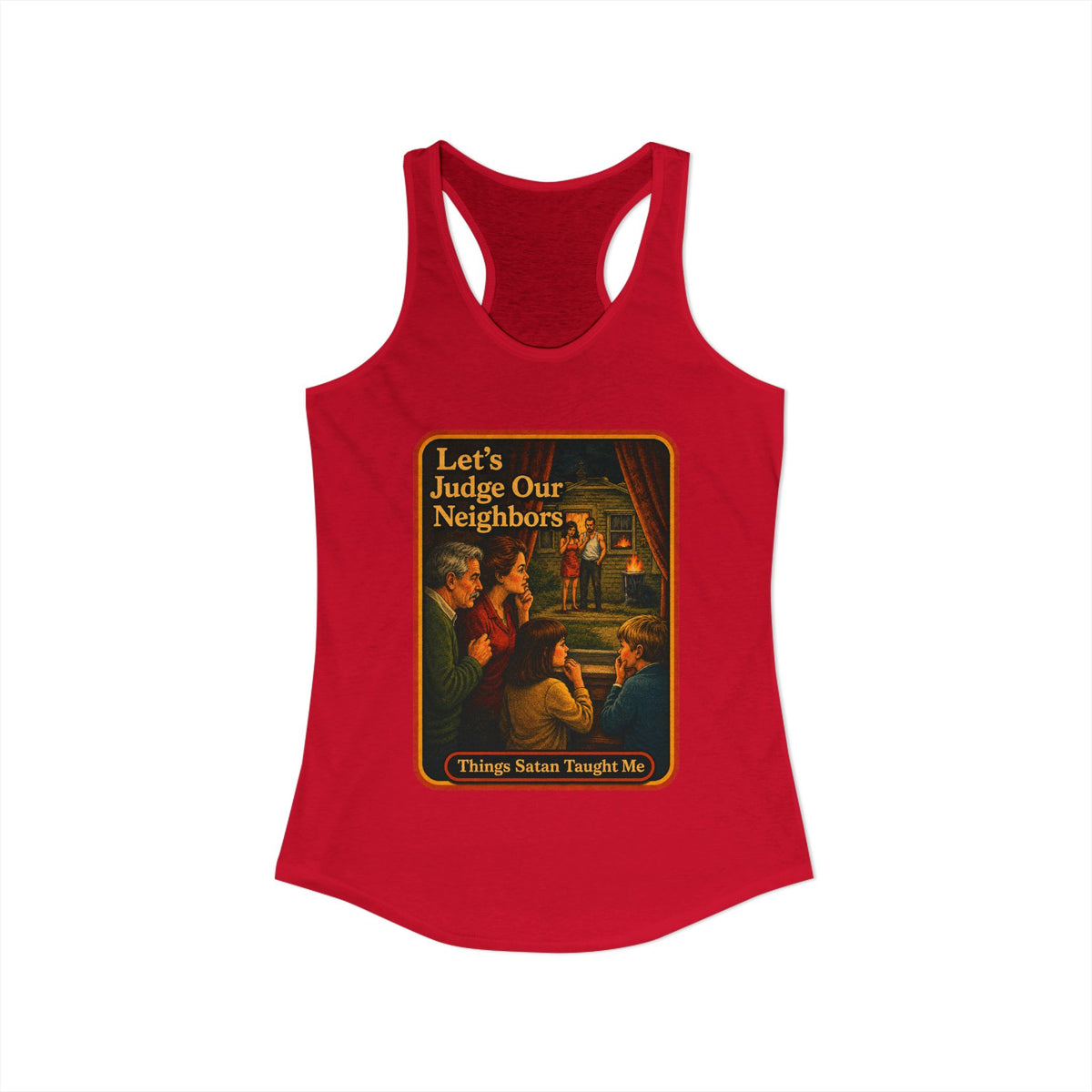 Let's Judge Our Neighbors Racerback Tank in Red, view 2