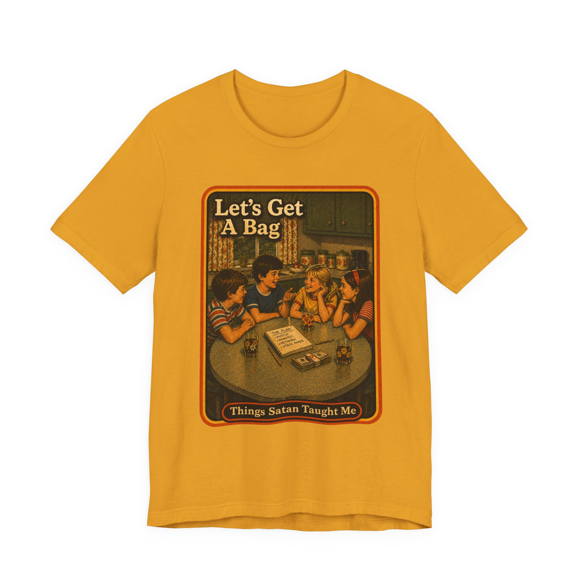 Let's Get Another Bag Unisex Tee in Mustard, front